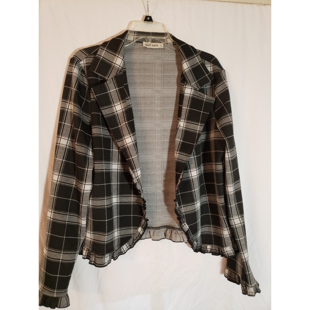 Women's Grace Karin Black And White Plaid Ruffled Blazer Size XL